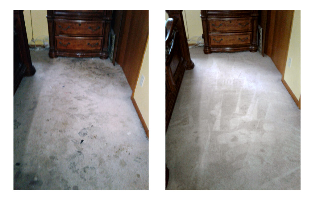 This Minneapolis Bedroom Carpet Cleaning had significant staining, Before (left) and After (right).